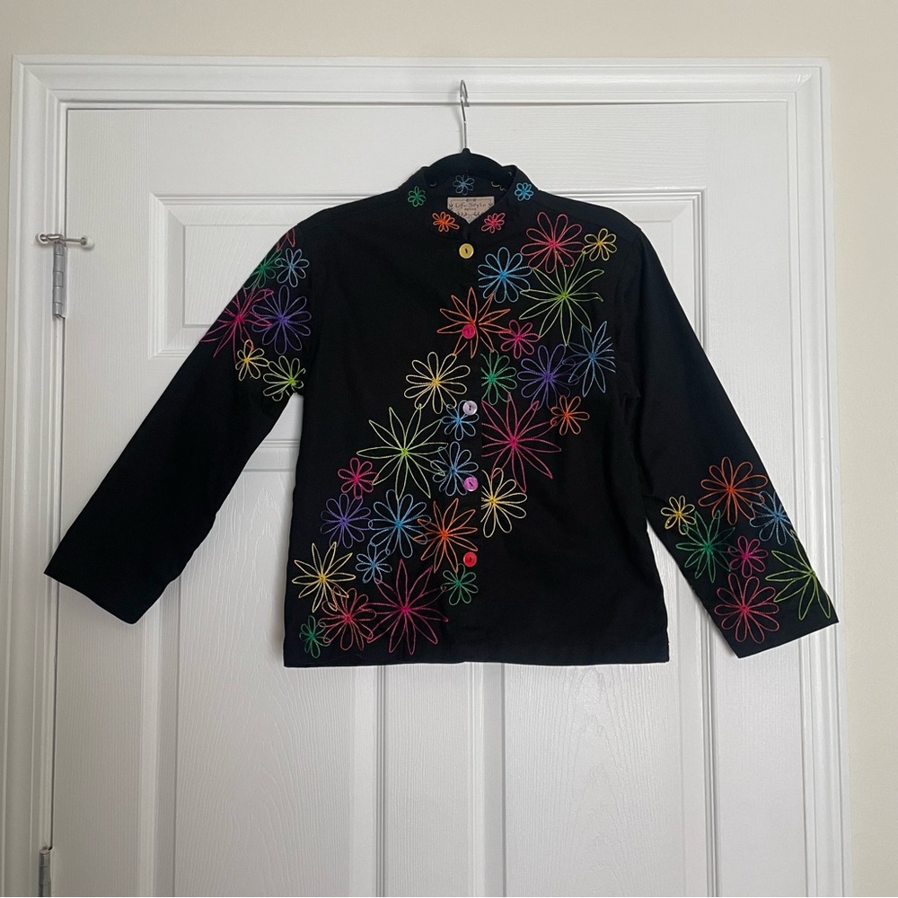 90s Black Denim  & Neon Flower Embroidered Jacket 100% cotton
